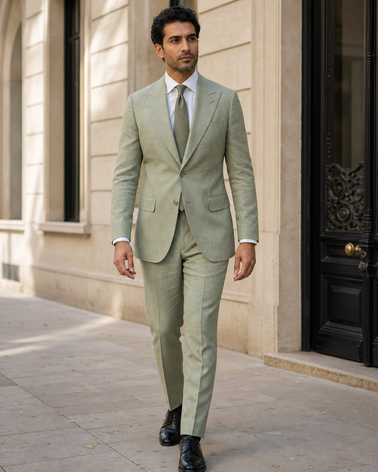 Sage Green Linen Peak Lapel Suit - Custom Made to Measure front view