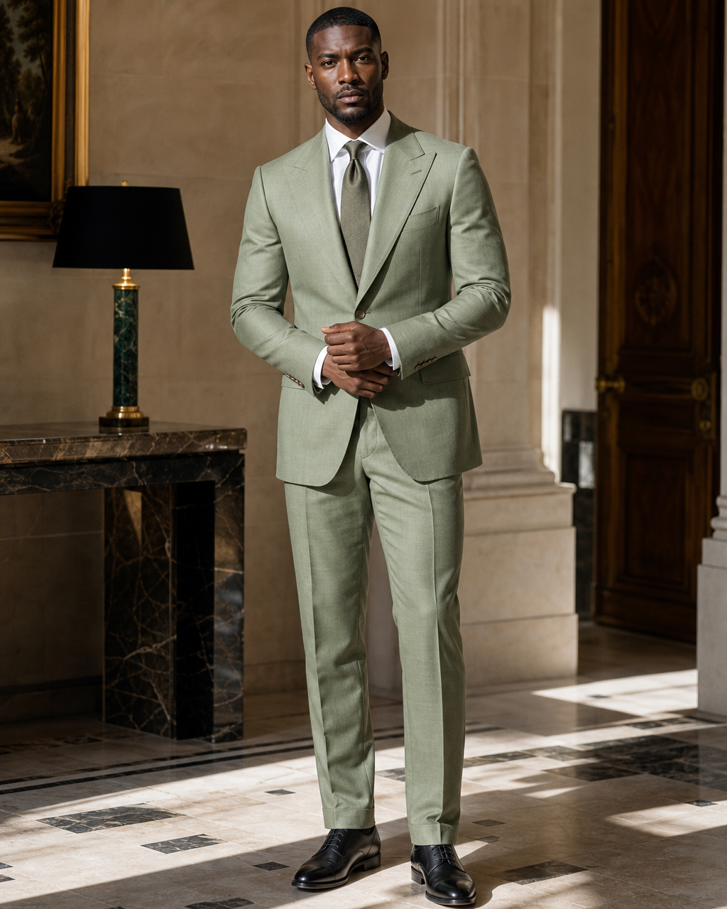 Sage Green Linen Summer Suit - Custom Made to Measure front view