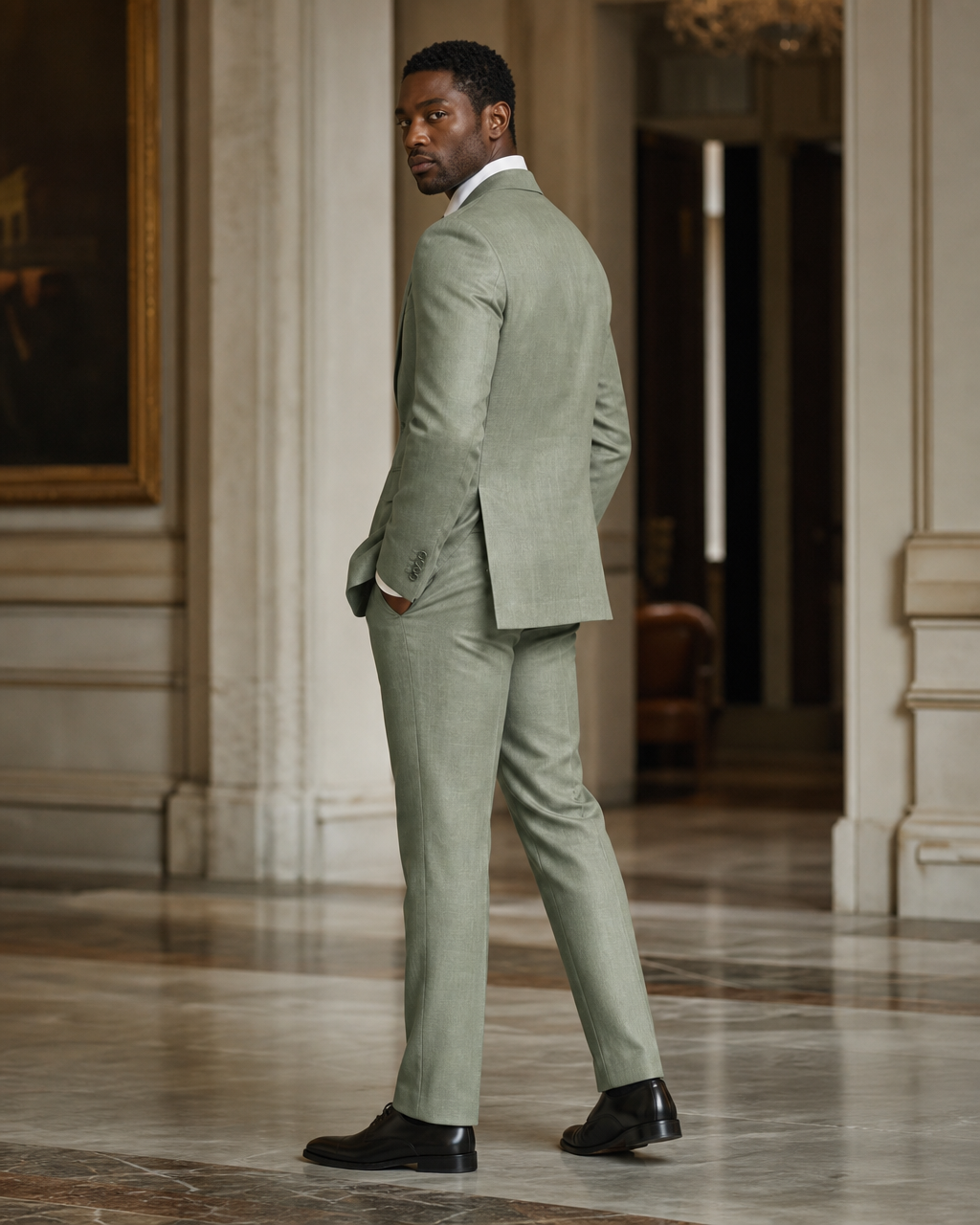 Sage Green Linen Summer Suit - Custom Made to Measure side back view
