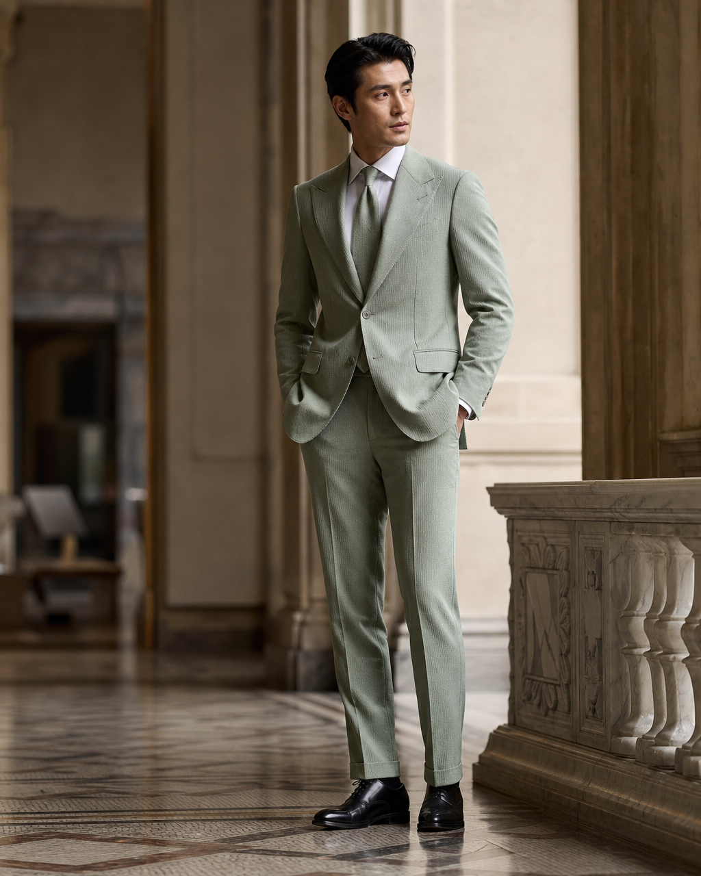 Sage Green Seersucker Beach Wedding Suit - Custom Made to Measure side back view