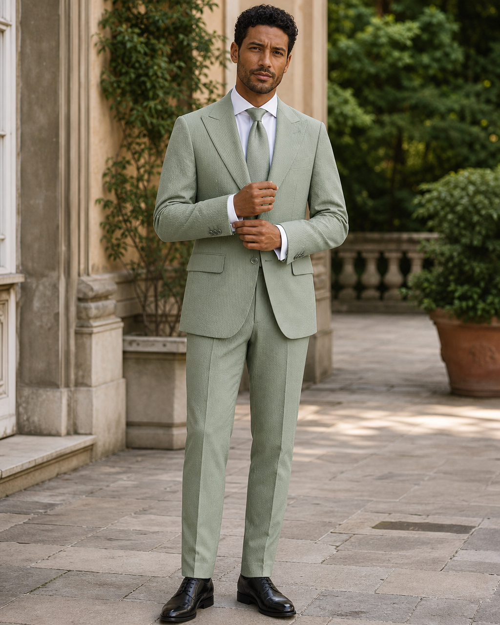 Sage Green Seersucker Outdoor Wedding Suit — Custom Made to Measure front view