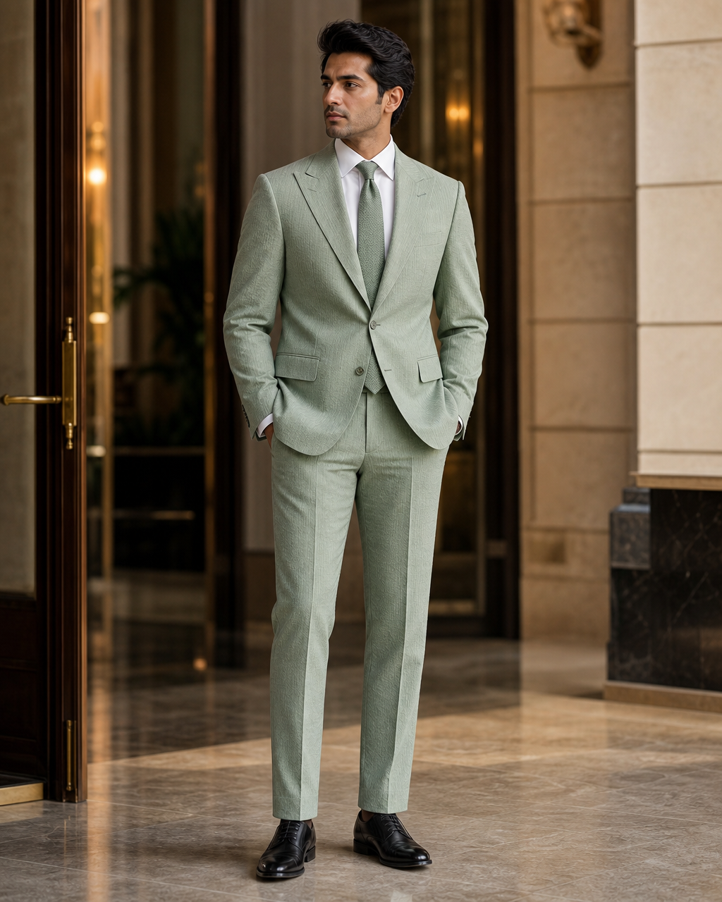 Sage Green Seersucker Summer Suit - Custom Made to Measure side back view