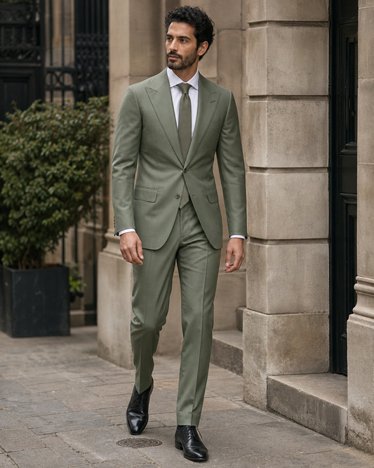 Sage Green Silk Blend Peak Lapel Suit - Custom Made to Measure front view