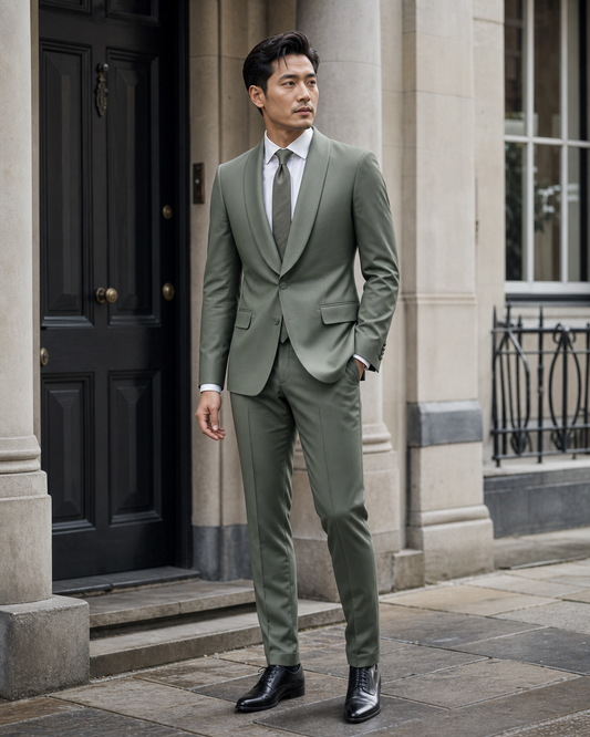 Sage Green Silk Blend Shawl Lapel Suit - Custom Made to Measure side back view