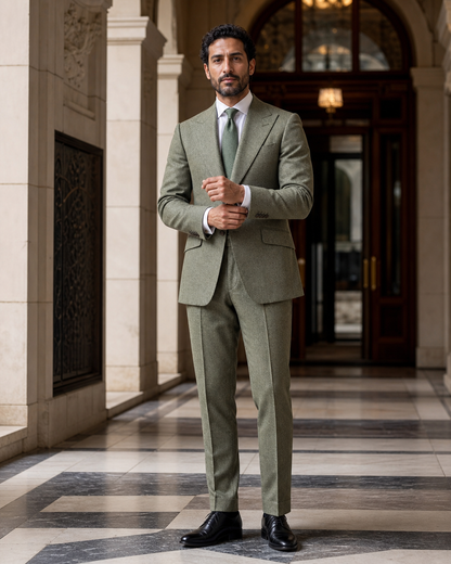 Sage Green Tweed Winter Suit - Custom Made to Measure front view