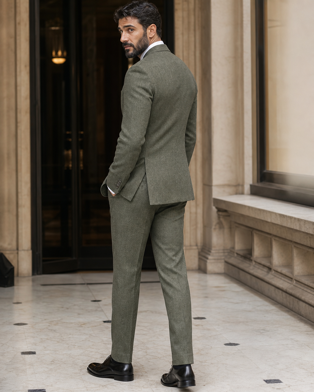 Sage Green Tweed Winter Suit - Custom Made to Measure side back view