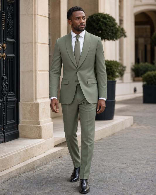Sage Green Wool Shawl Lapel Suit - Custom Made to Measure front view