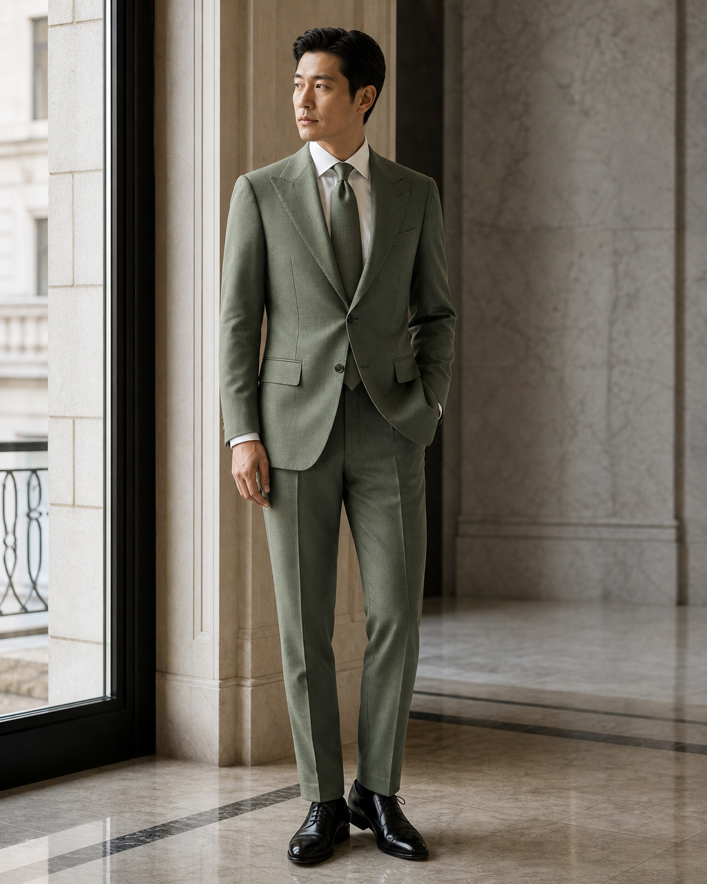 Sage Green Wool Winter Suit - Custom Made to Measure side back view