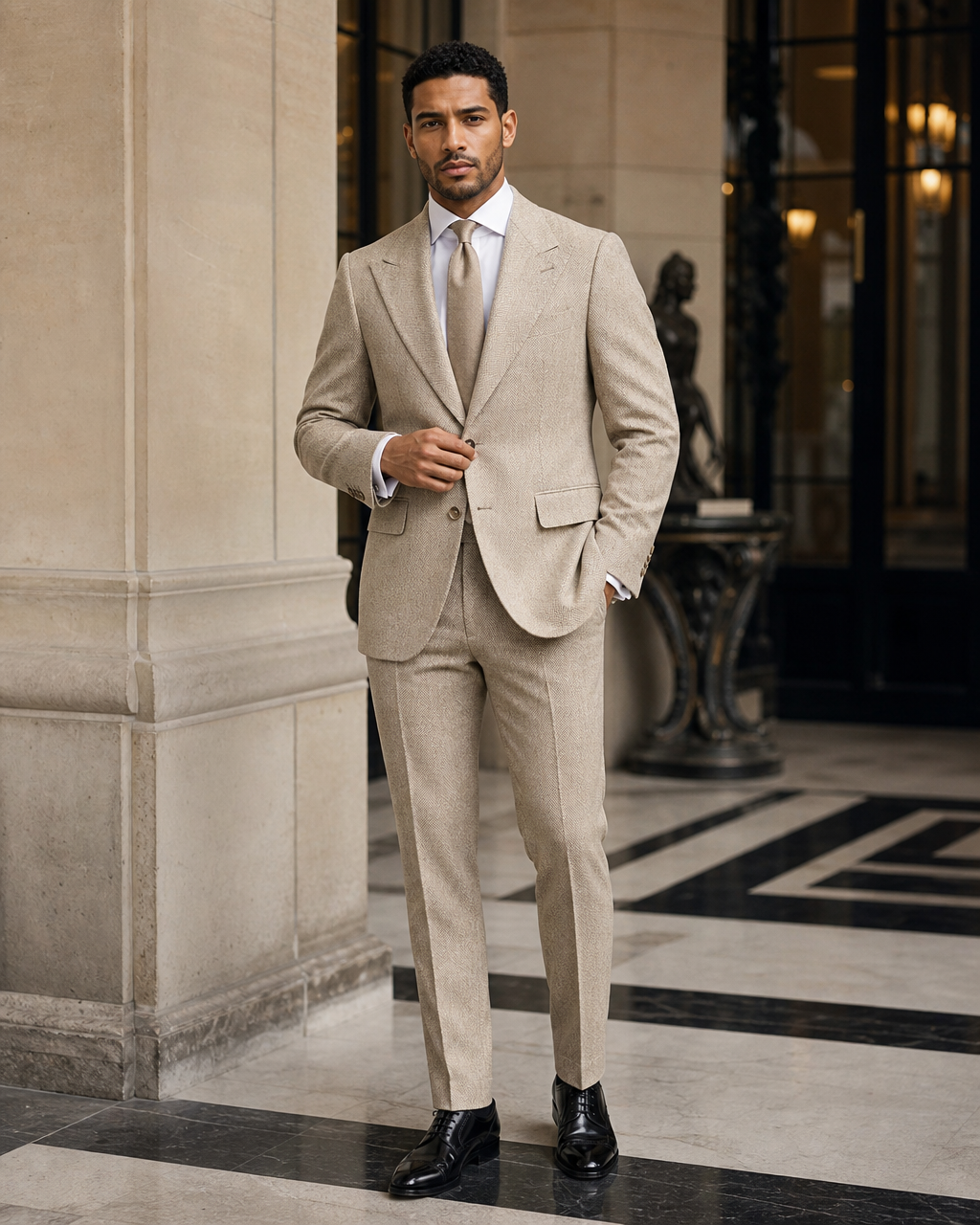 Sand Herringbone Winter Suit - Custom Made to Measure front view