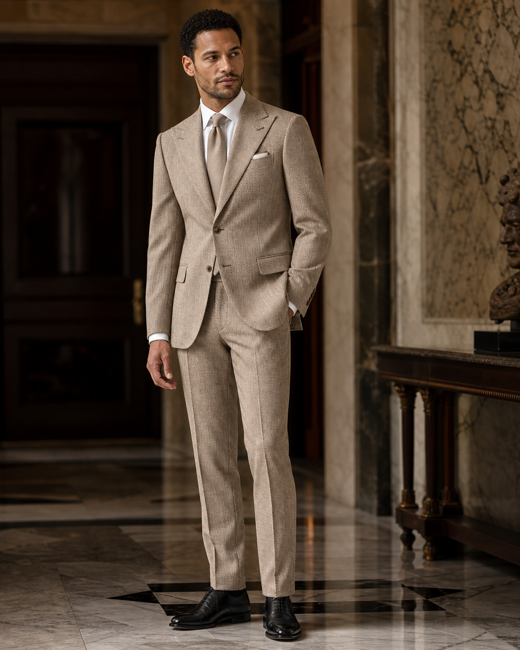 Sand Herringbone Winter Suit - Custom Made to Measure side back view