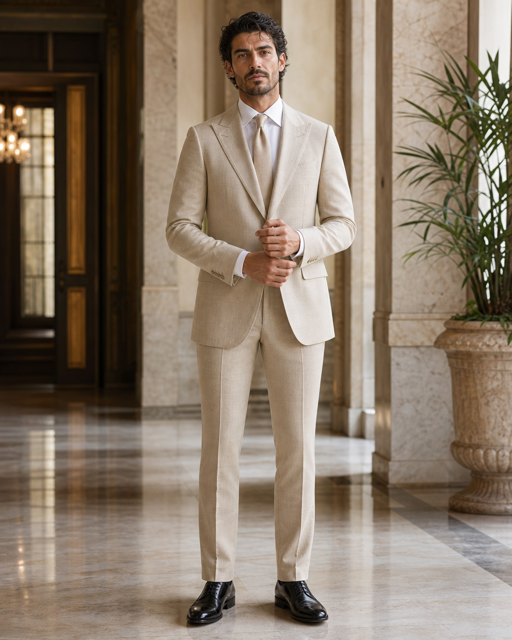Sand Linen Beach Wedding Suit - Custom Made to Measure front view