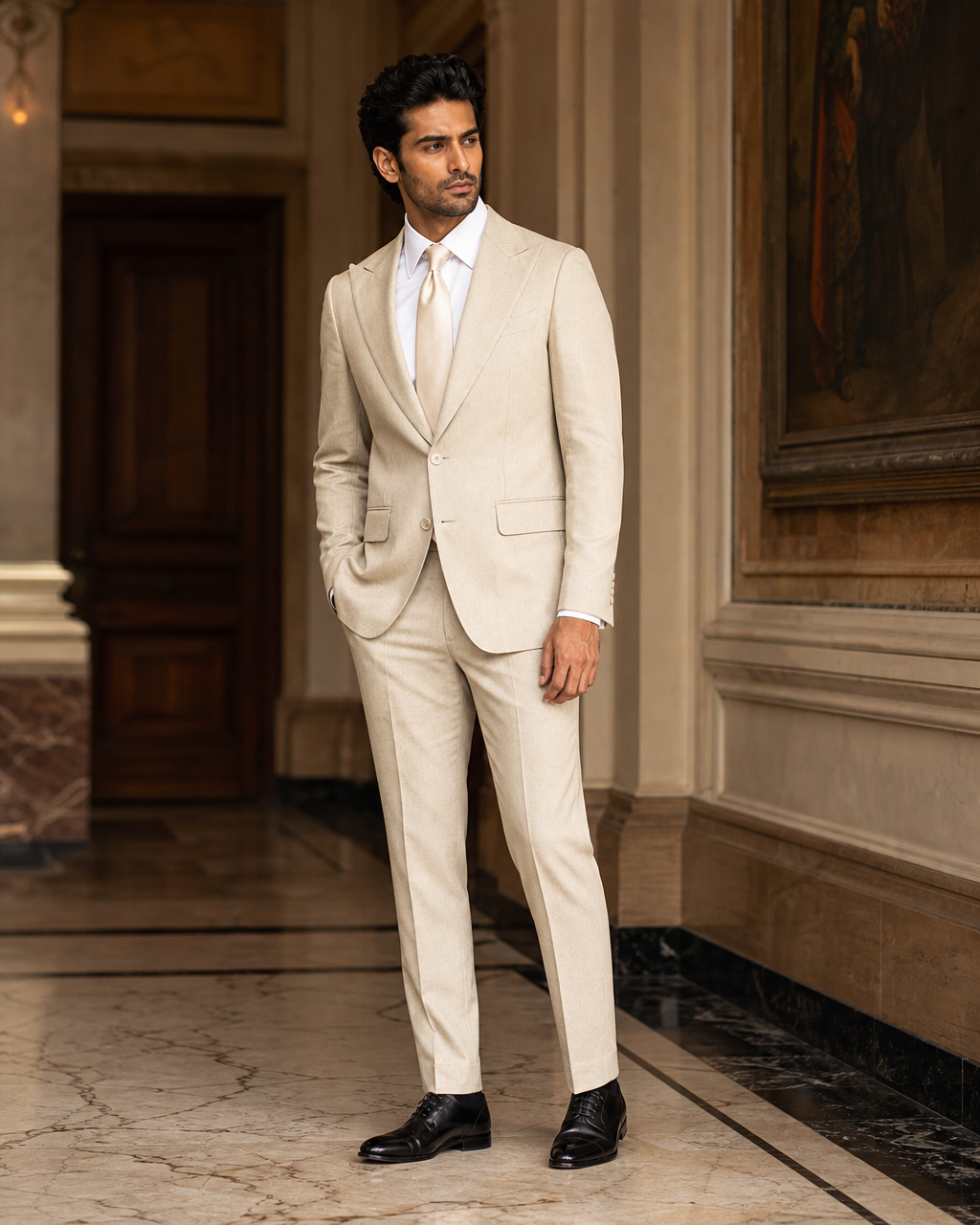 Sand Linen Outdoor Wedding Suit - Custom Made to Measure side back view