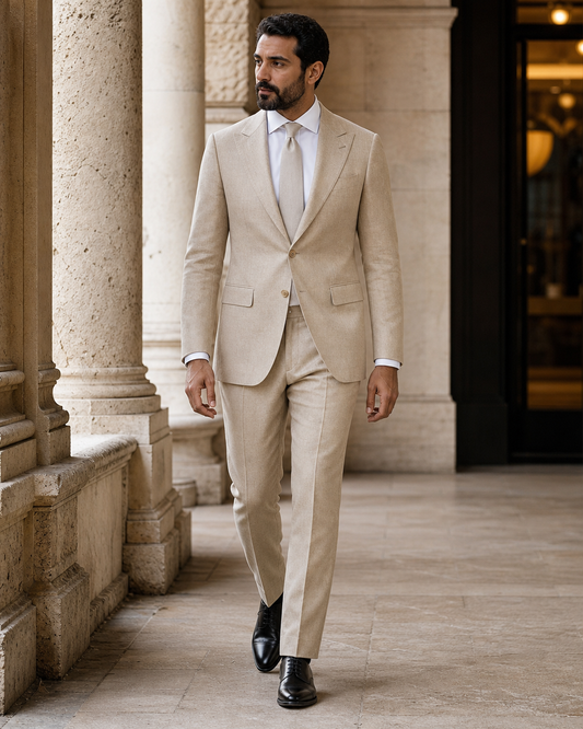Sand Linen Peak Lapel Suit - Custom Made to Measure front view