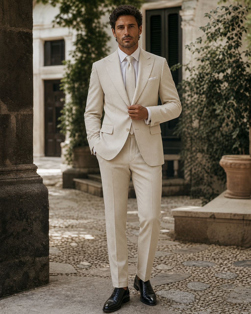 Sand Seersucker Outdoor Wedding Suit — Custom Made to Measure front view