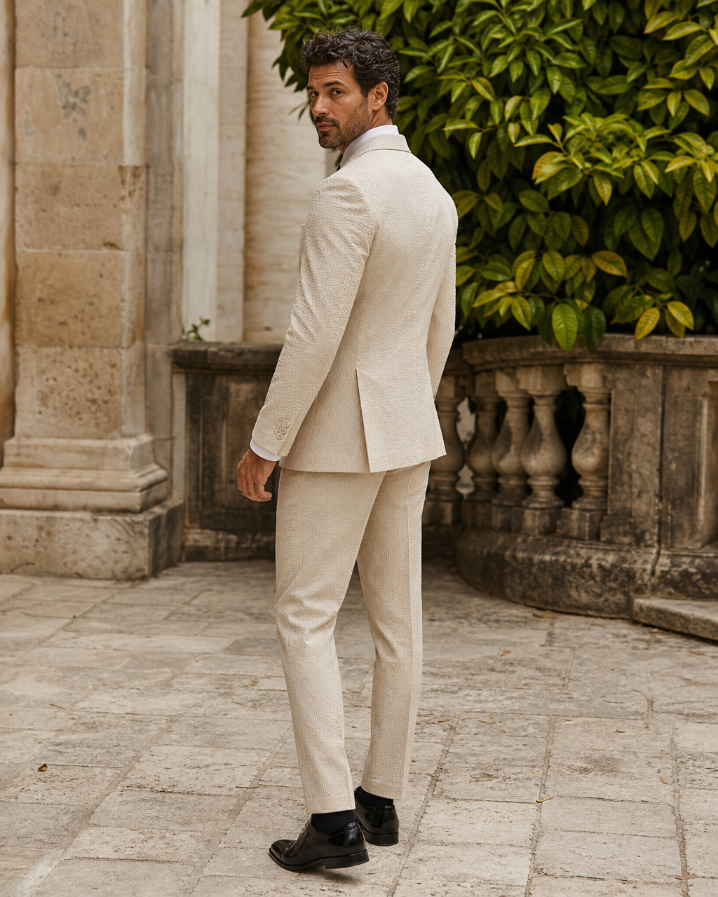Sand Seersucker Outdoor Wedding Suit — Custom Made to Measure side back view