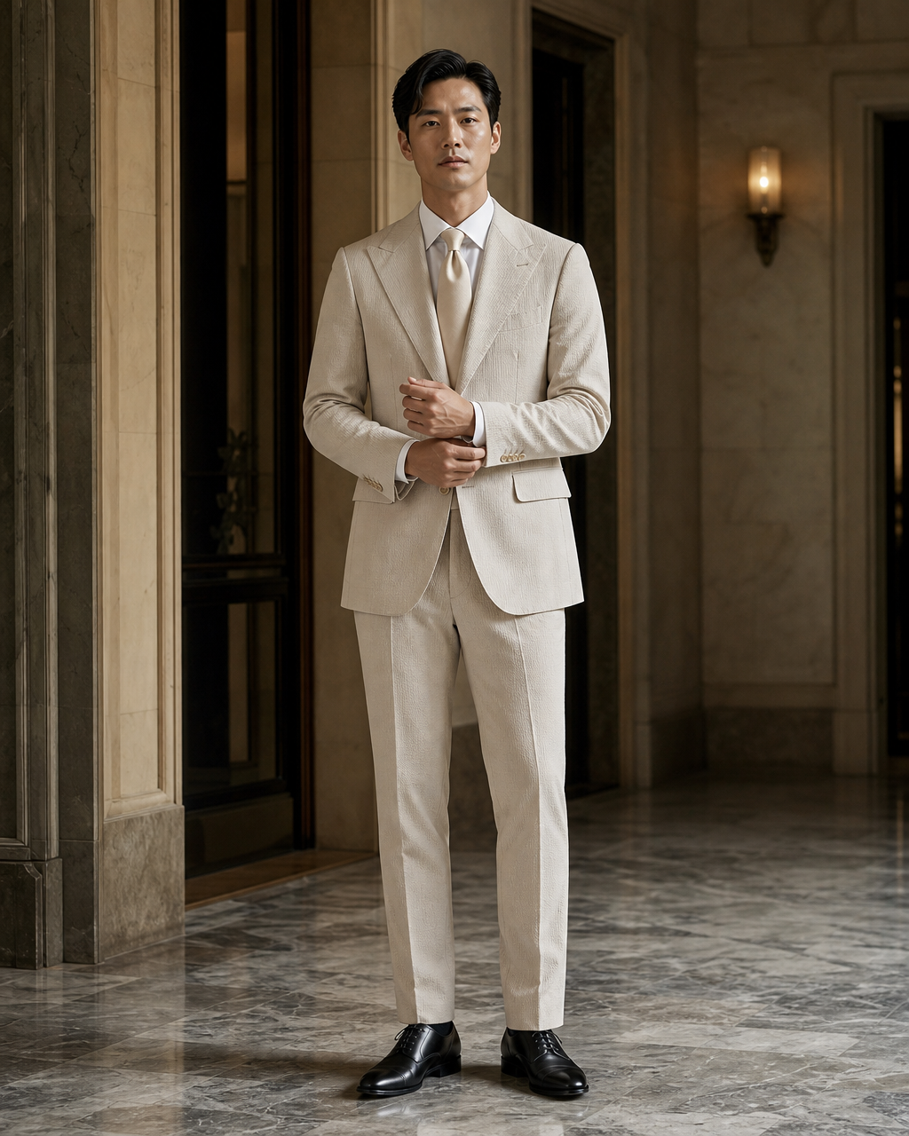 Sand Seersucker Summer Suit - Custom Made to Measure front view