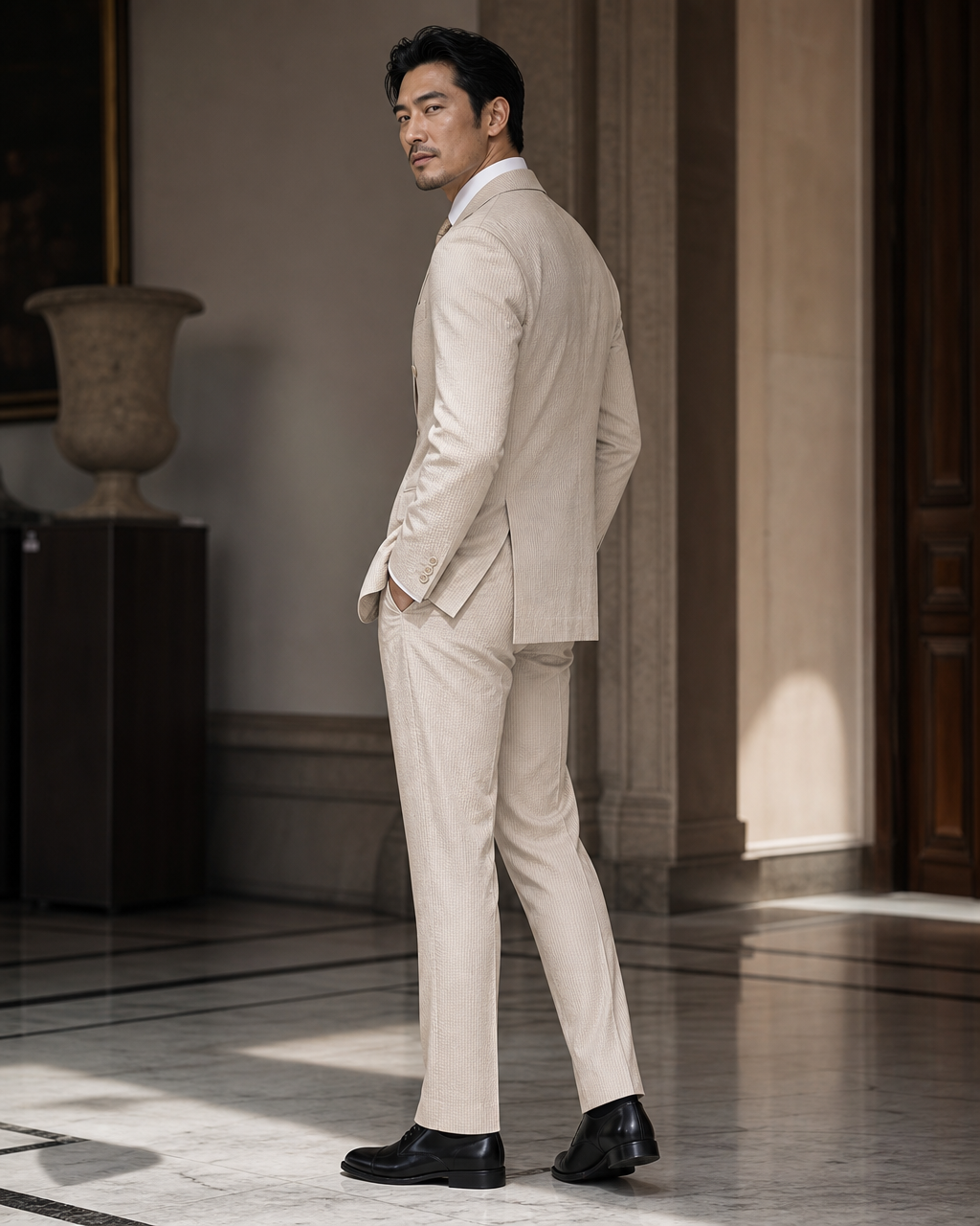 Sand Seersucker Summer Suit - Custom Made to Measure side back view