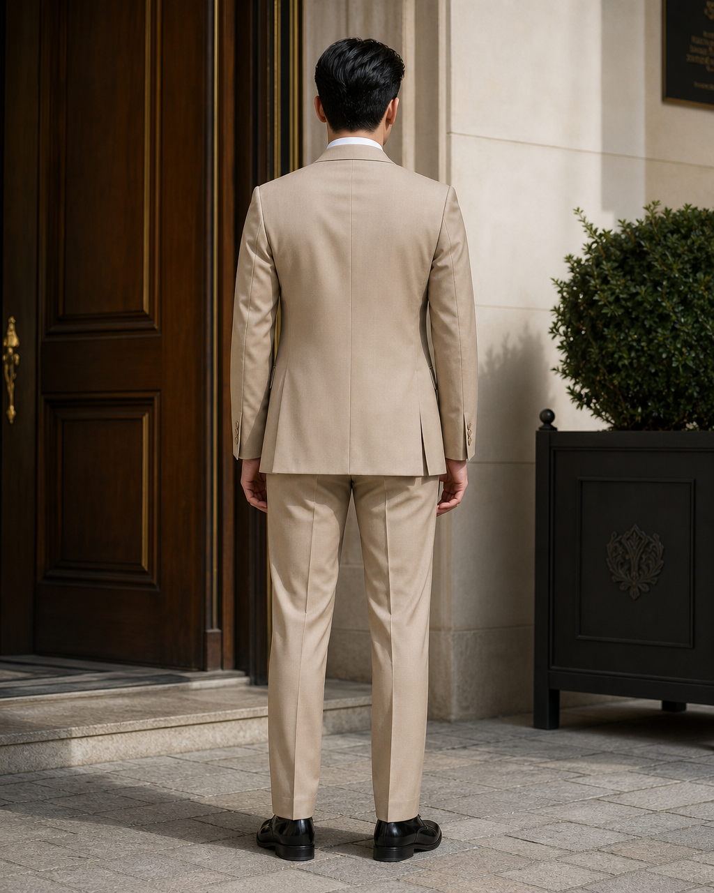 Sand Silk Blend Shawl Lapel Suit - Custom Made to Measure back view