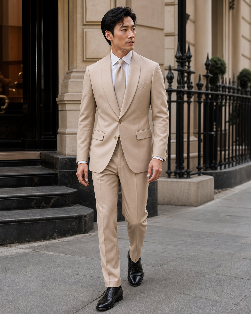 Sand Silk Blend Shawl Lapel Suit - Custom Made to Measure front view