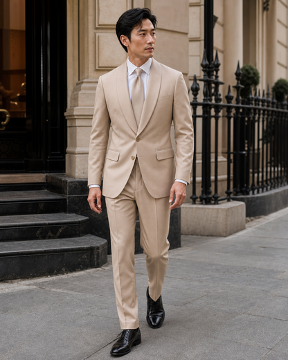Sand Silk Blend Shawl Lapel Suit - Custom Made to Measure front view
