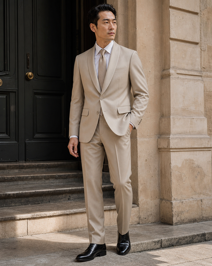 Sand Silk Blend Shawl Lapel Suit - Custom Made to Measure side three quarter view