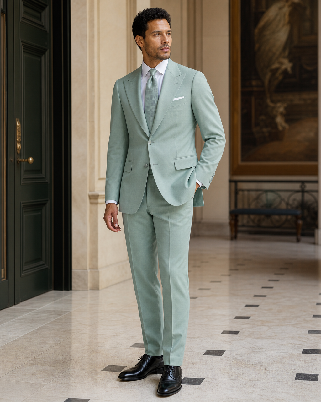 Seafoam Cotton Outdoor Wedding Suit - Custom Made to Measure side back view