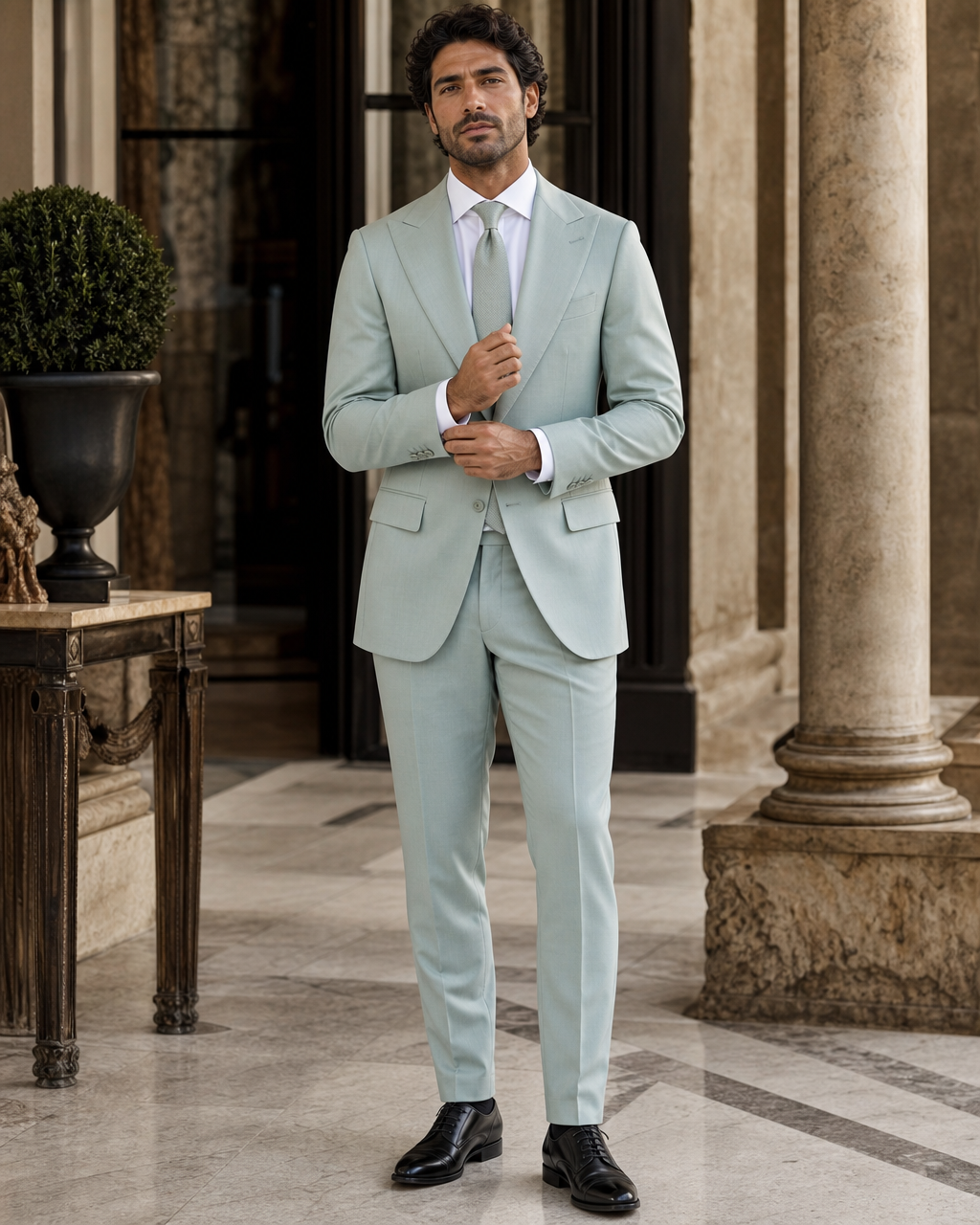 Seafoam Cotton Summer Suit - Custom Made to Measure front view