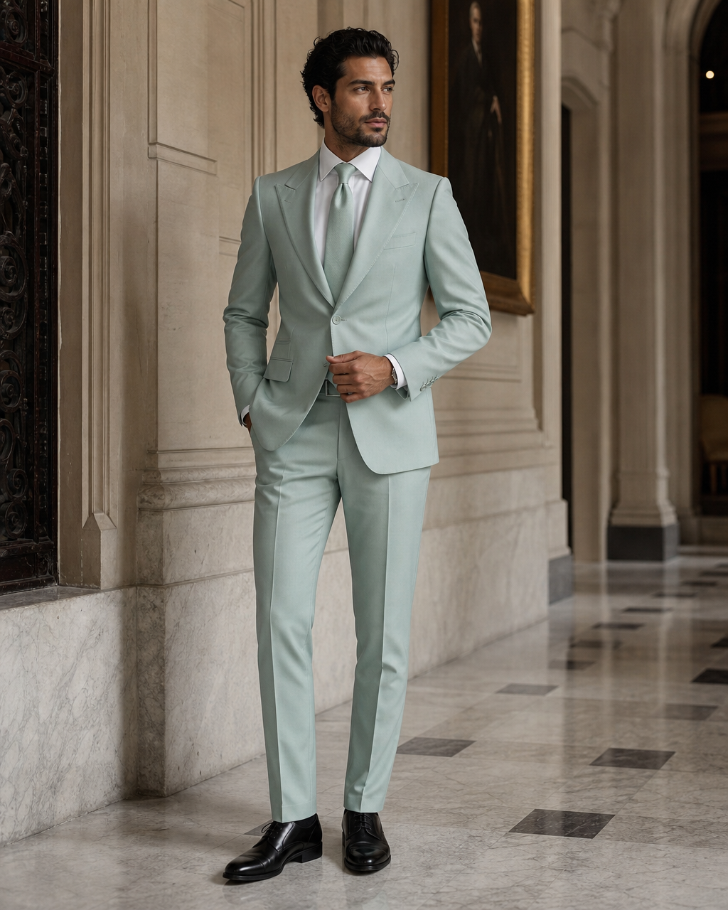 Seafoam Cotton Summer Suit - Custom Made to Measure side back view