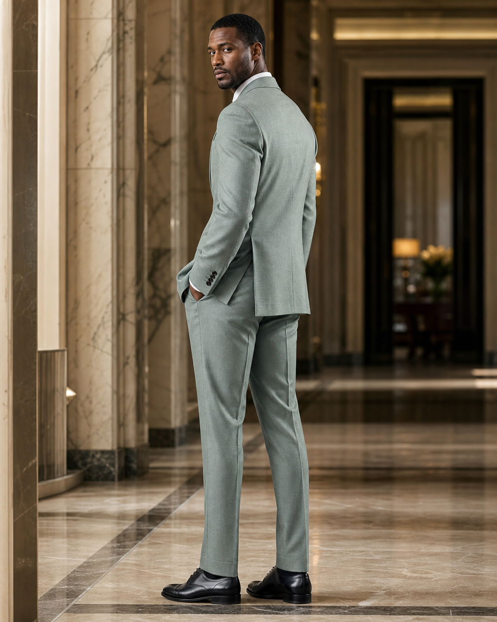 Seafoam Flannel Winter Suit - Custom Made to Measure side back view