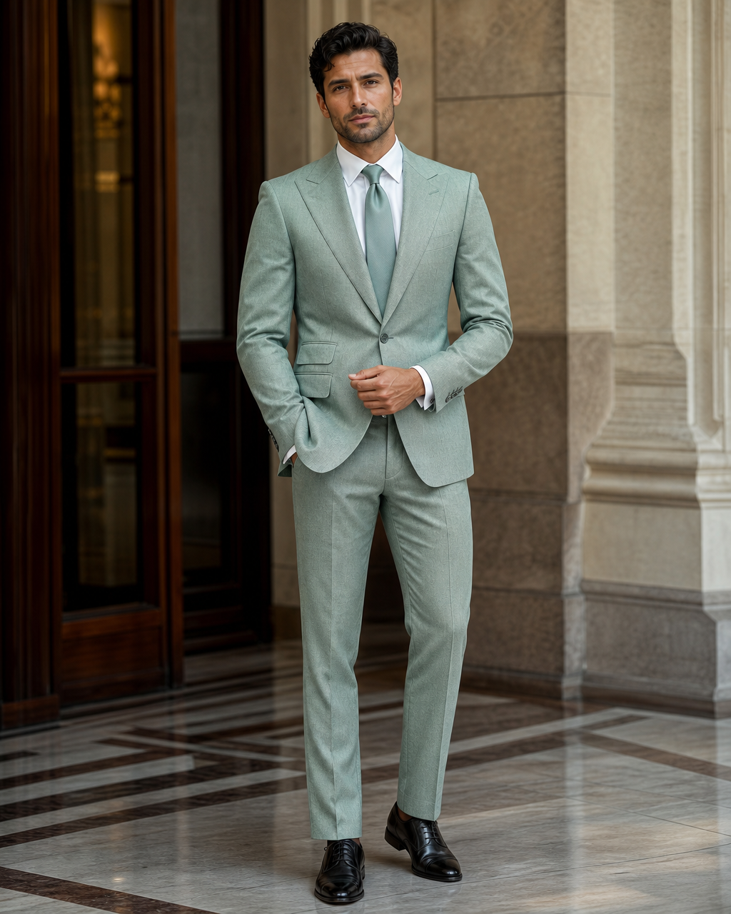 Seafoam Herringbone Winter Suit - Custom Made to Measure front view