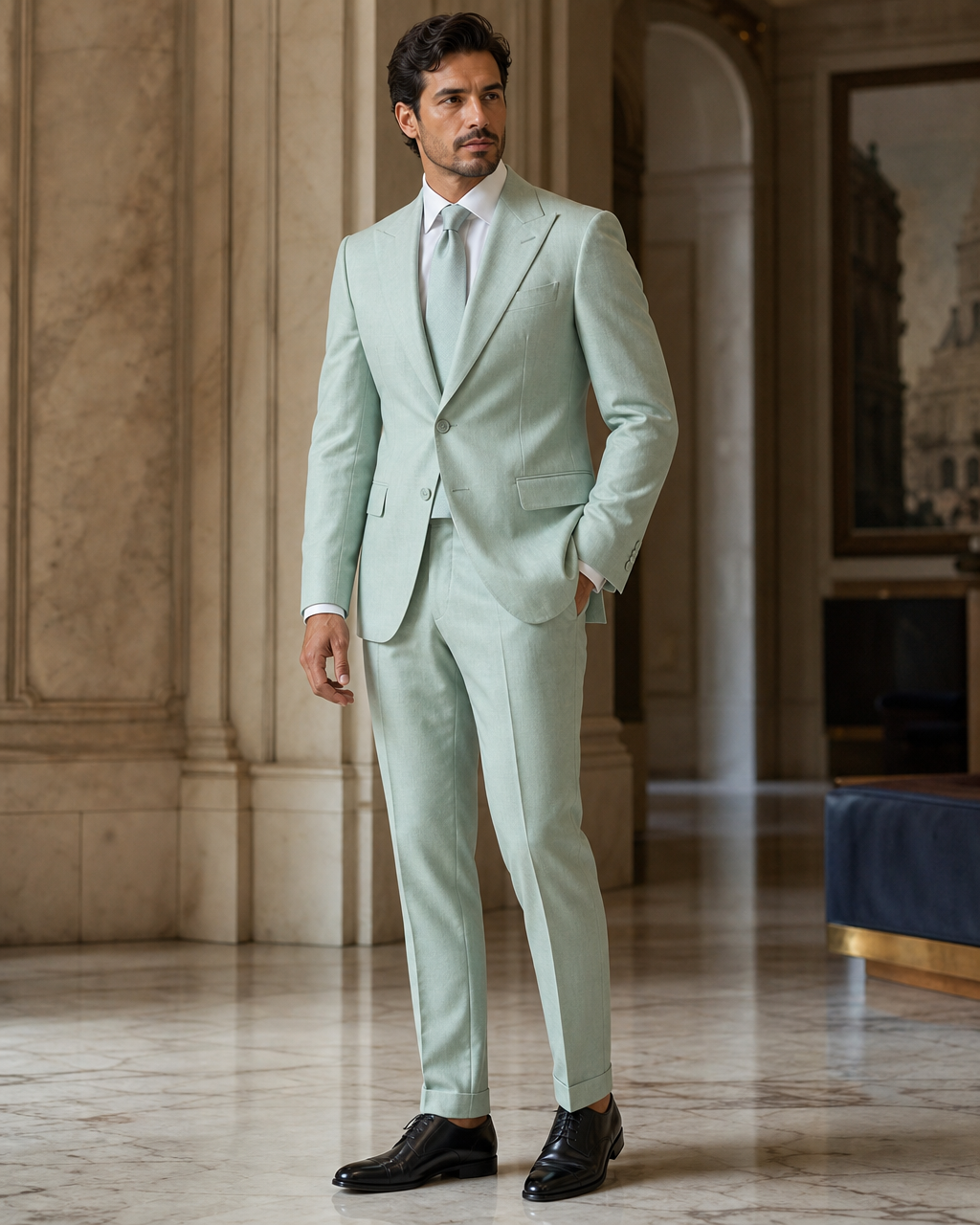 Seafoam Linen Beach Wedding Suit - Custom Made to Measure side back view
