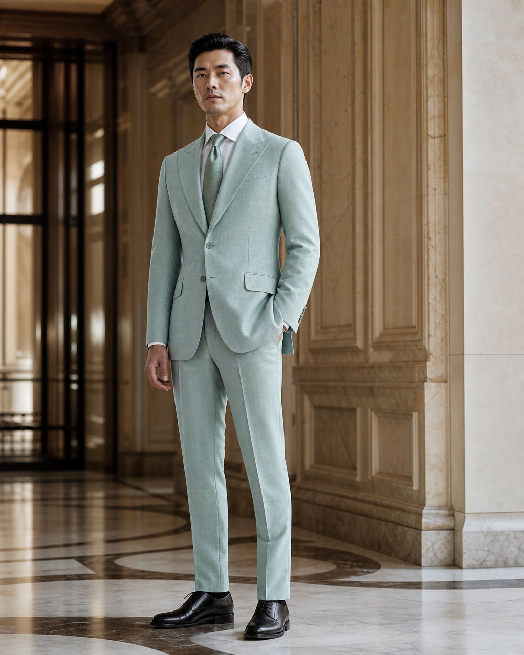 Seafoam Linen Outdoor Wedding Suit - Custom Made to Measure side back view