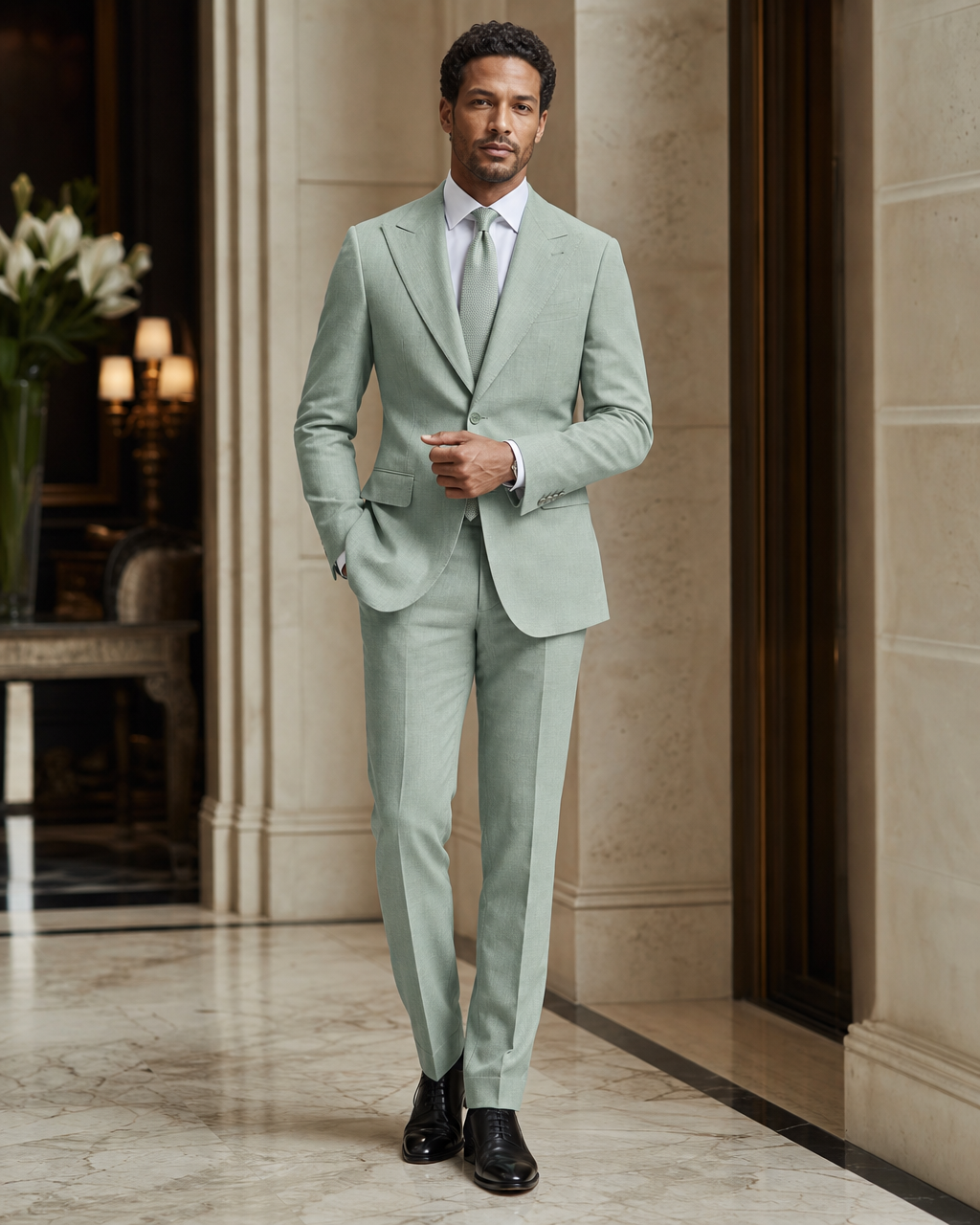 Seafoam Linen Summer Suit - Custom Made to Measure front view