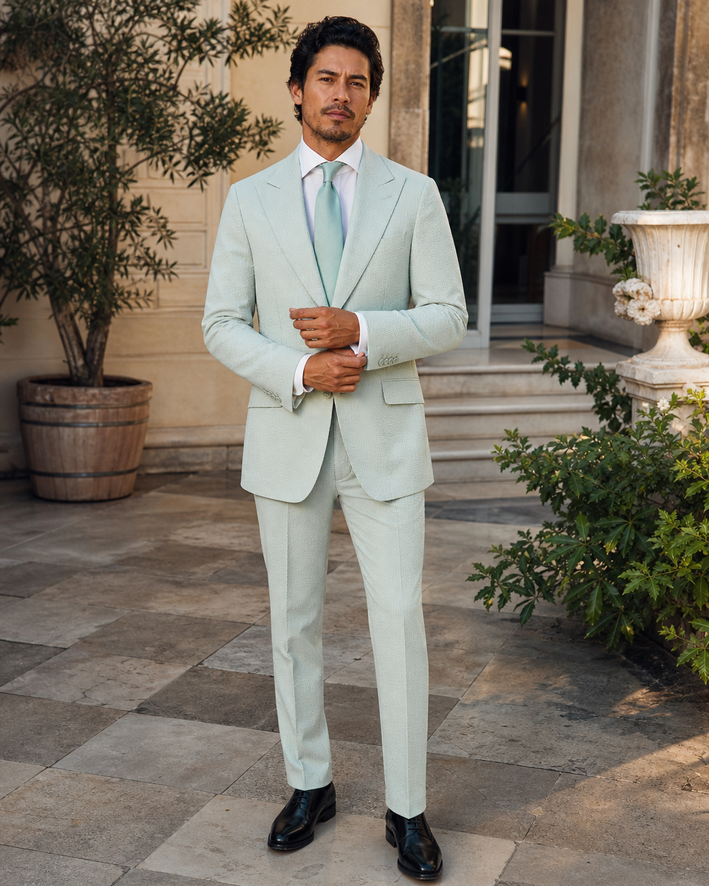 Seafoam Seersucker Outdoor Wedding Suit — Custom Made to Measure front view