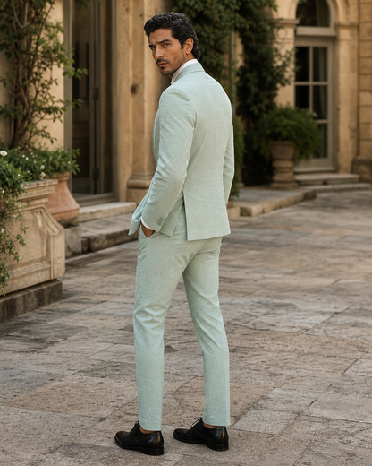Seafoam Seersucker Outdoor Wedding Suit — Custom Made to Measure side back view