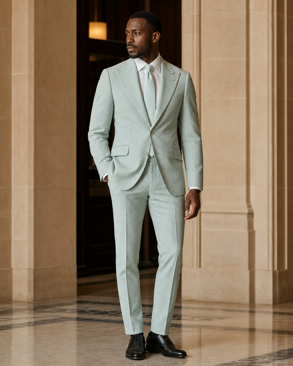Seafoam Seersucker Summer Suit - Custom Made to Measure side back view