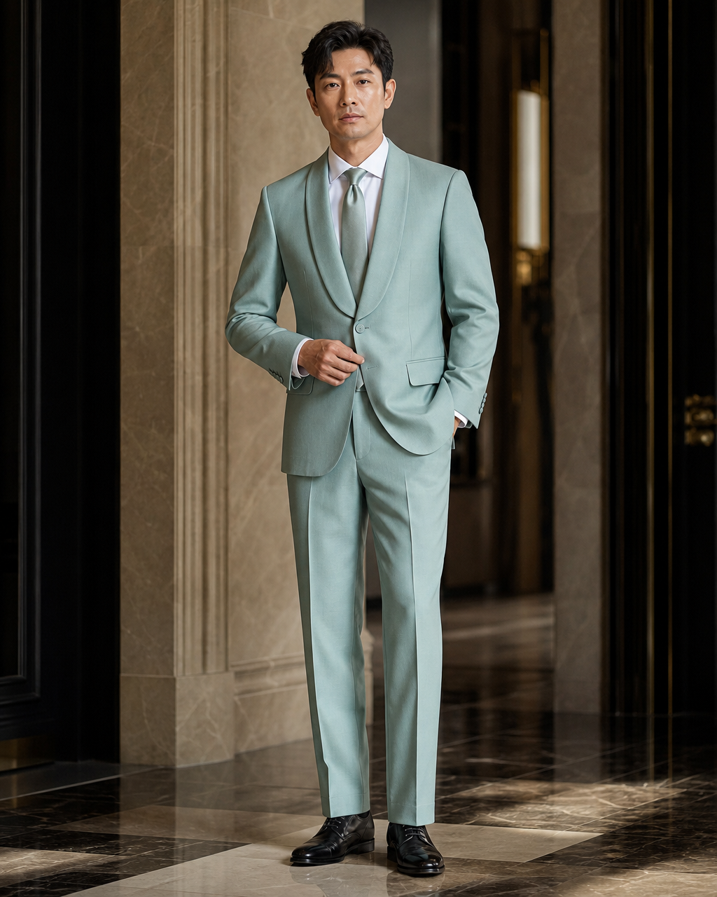 Seafoam Silk Blend Shawl Lapel Suit - Custom Made to Measure front view