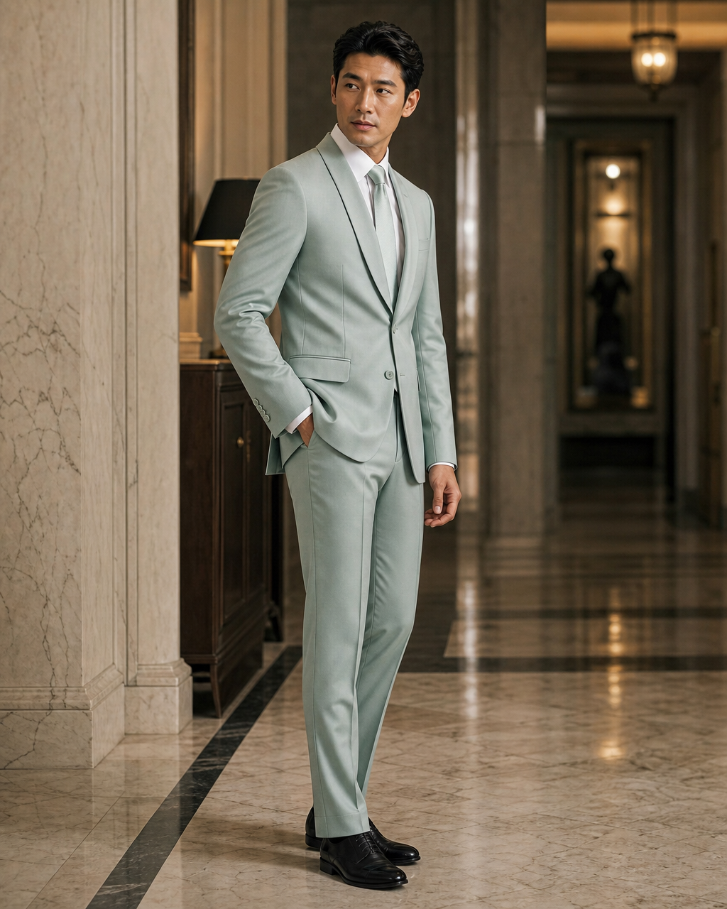 Seafoam Silk Blend Shawl Lapel Suit - Custom Made to Measure side back view