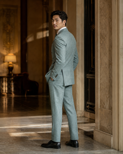 Seafoam Tweed Winter Suit - Custom Made to Measure side back view