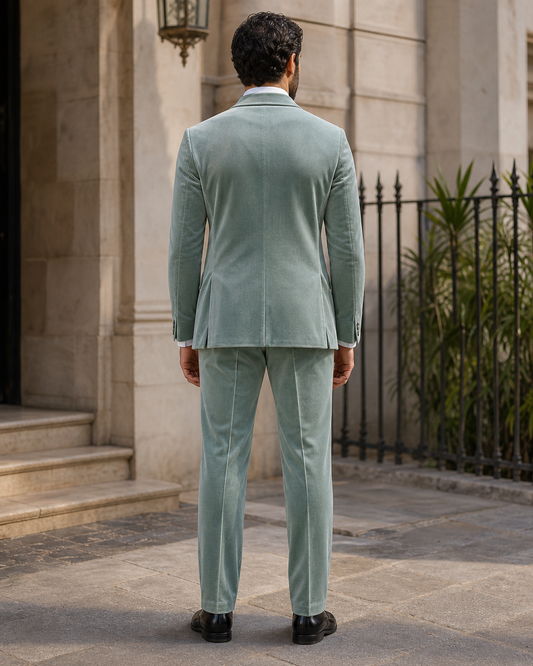 Seafoam Velvet Shawl Lapel Suit - Custom Made to Measure back view