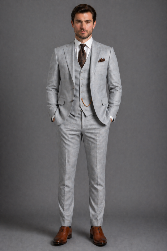Silver Linen Slim Fit Suit — Custom Made to Measure