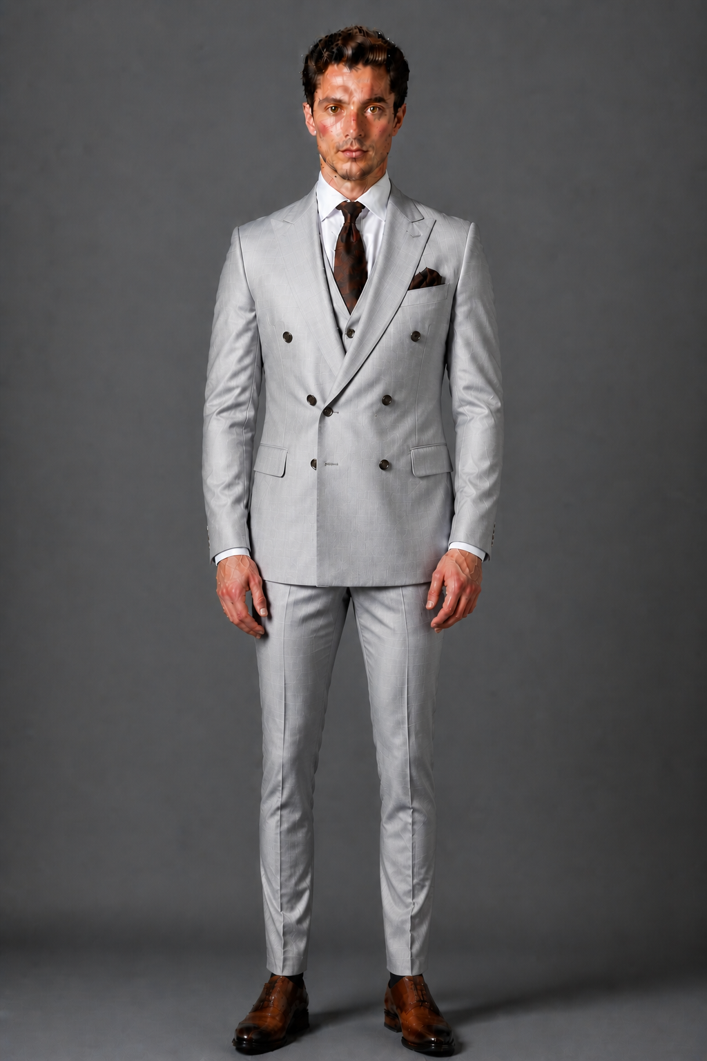 Silver Silk Blend Double Breasted Suit — Custom Made to Measure