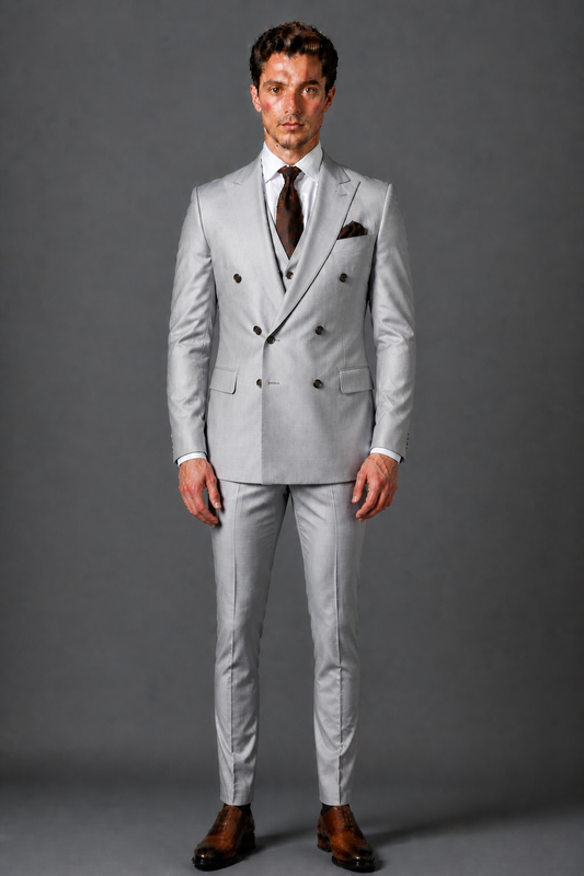 Silver Silk Blend Double Breasted Suit — Custom Made to Measure