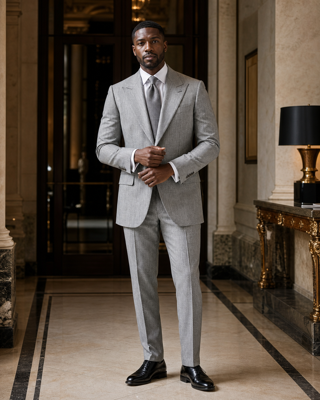 Silver Herringbone Winter Suit - Custom Made to Measure front view