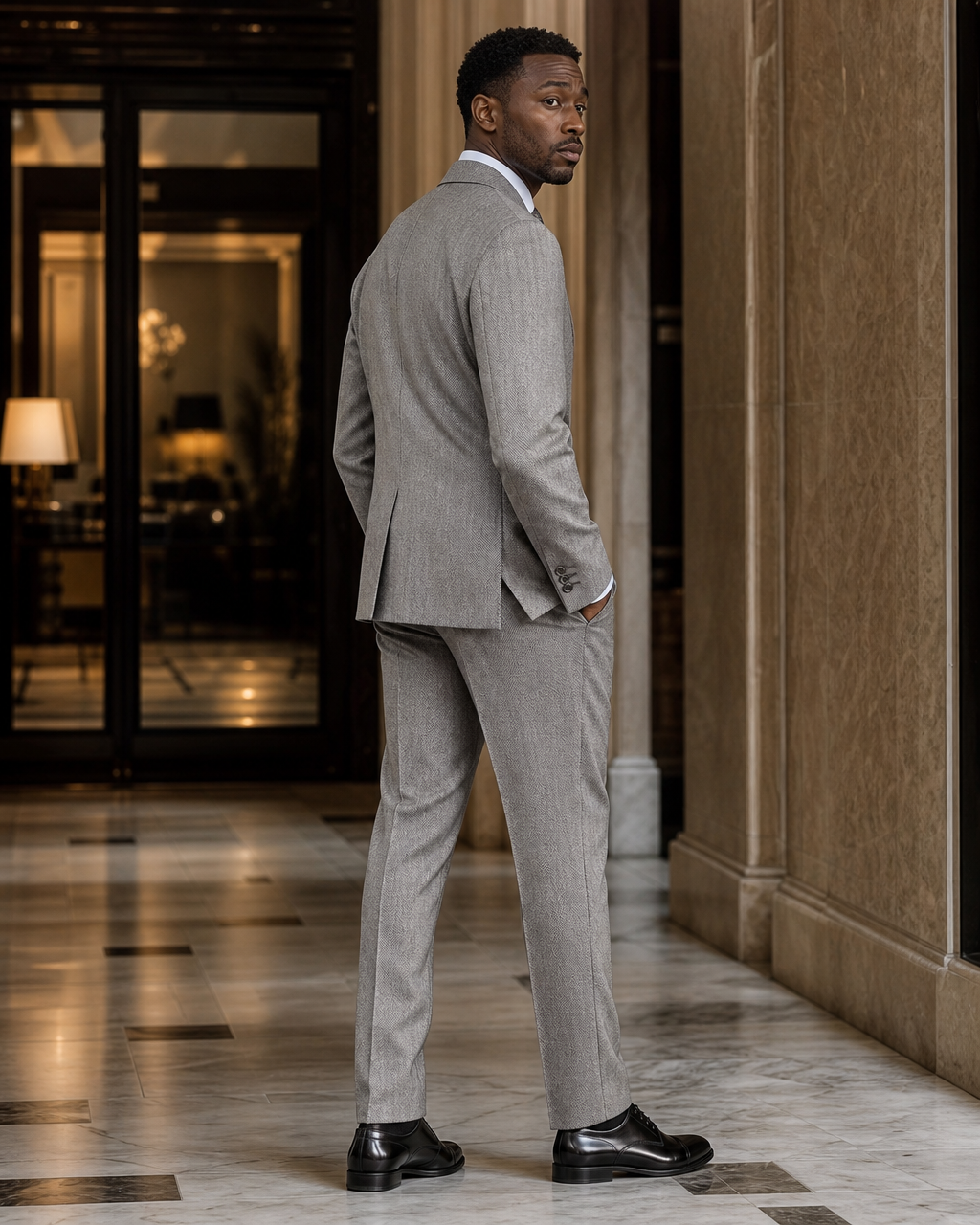 Silver Herringbone Winter Suit - Custom Made to Measure side back view