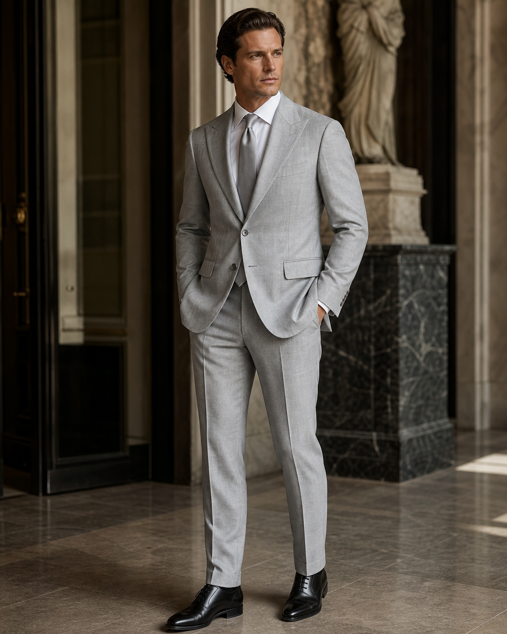 Silver Linen Beach Wedding Suit - Custom Made to Measure side back view
