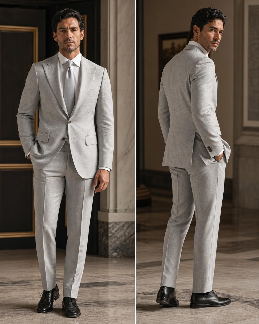 Silver Linen Outdoor Wedding Suit - Custom Made to Measure side back view