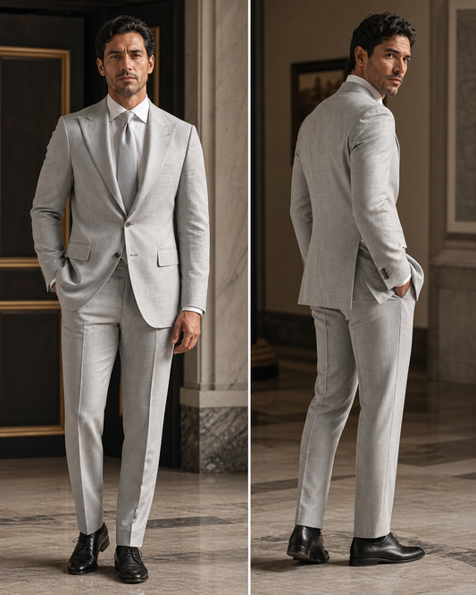 Silver Linen Outdoor Wedding Suit - Custom Made to Measure side back view