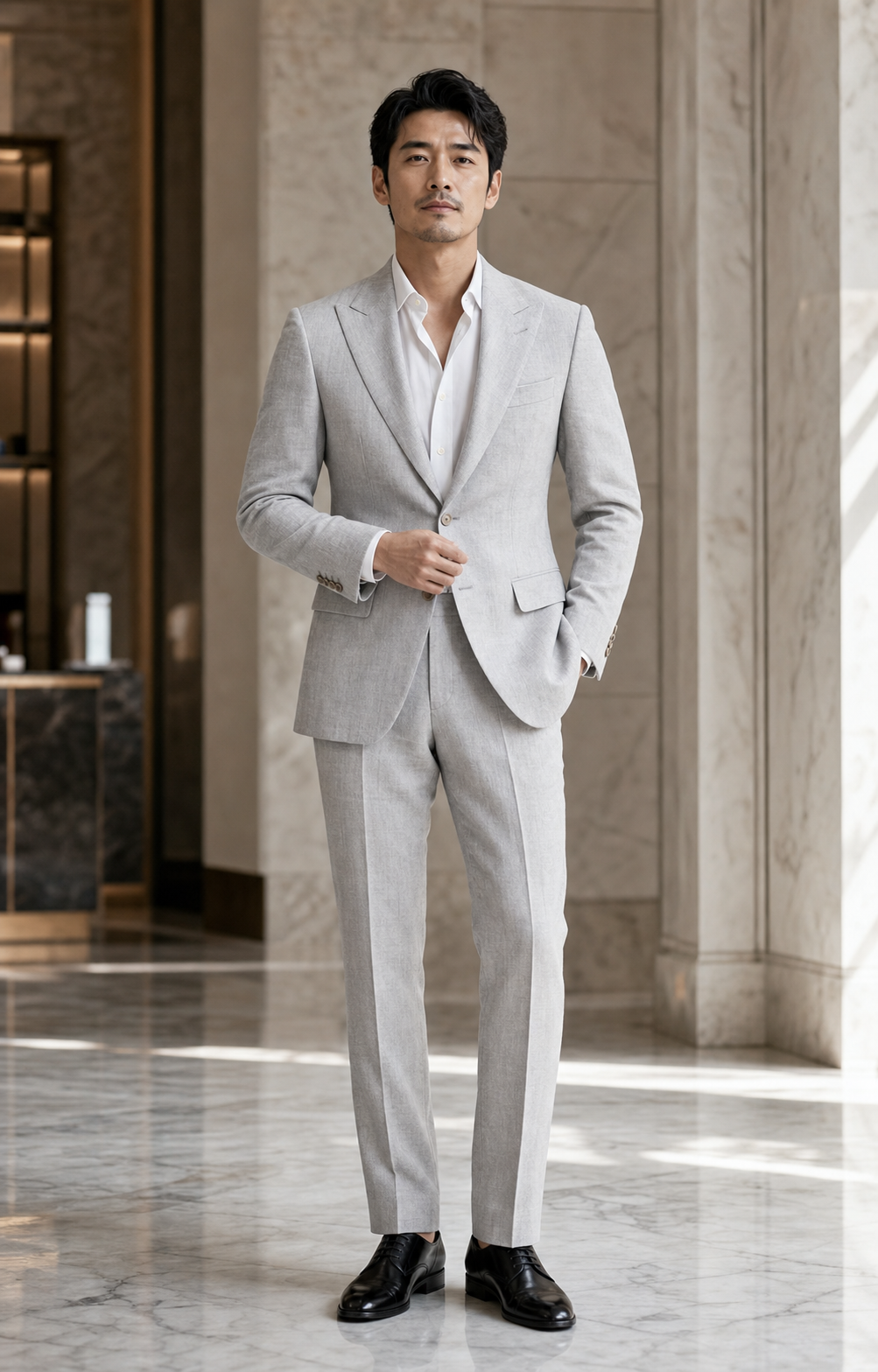 Silver Linen Peak Lapel Suit - Custom Made to Measure - Front View