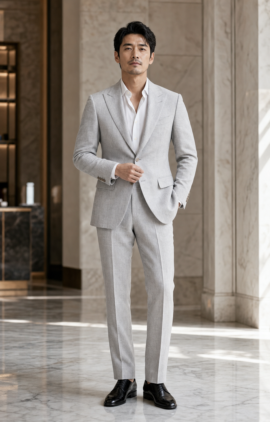 Silver Linen Peak Lapel Suit — Custom Made to Measure
